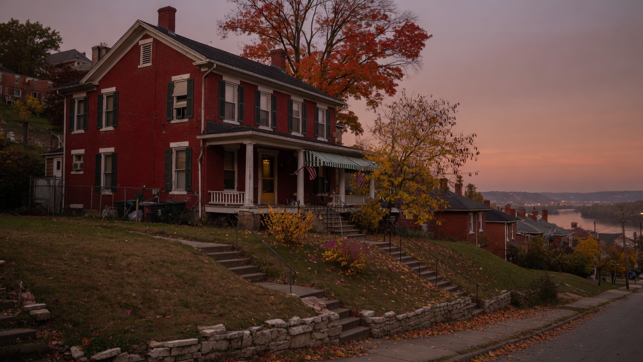 Brick Cincinnati hillside home at dusk