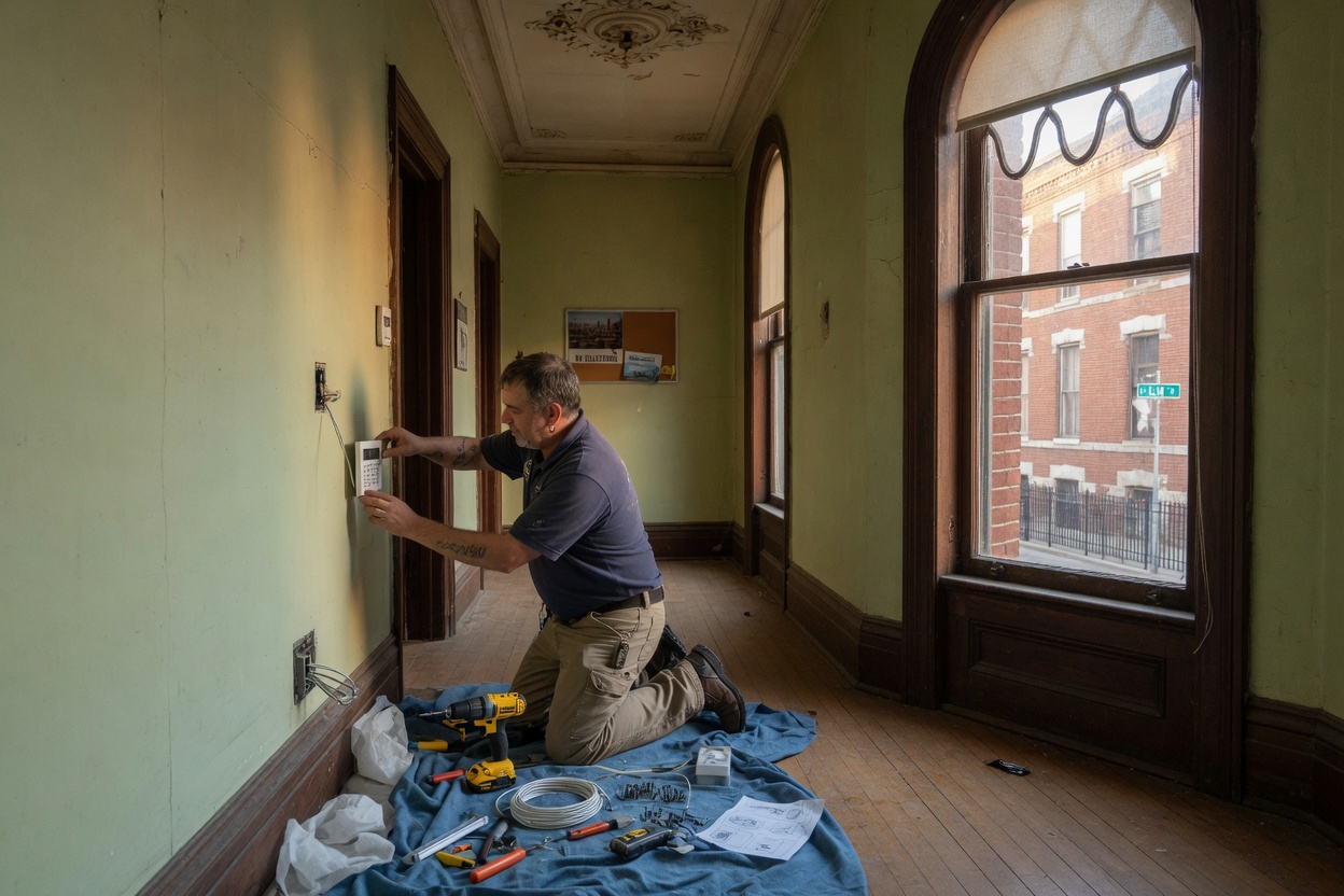 Technician installing a keypad in a Cincinnati home